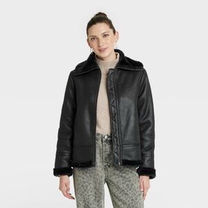 Women’s faux shearling black leather jacket cozy